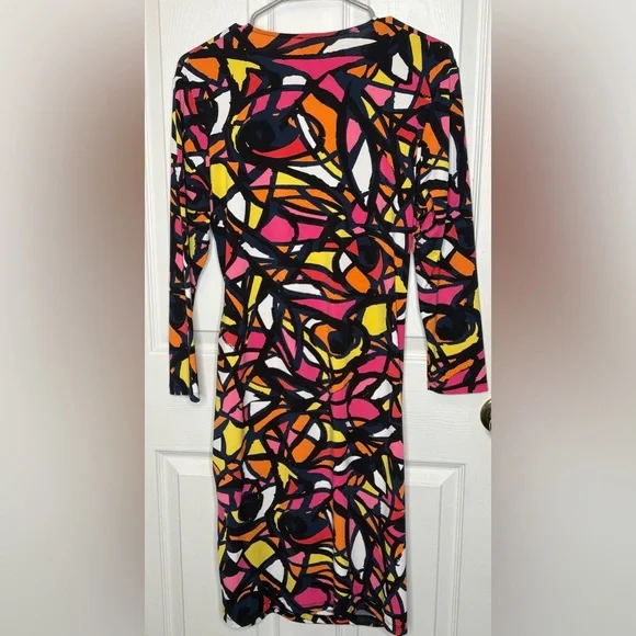 Anne Klein Size L Colorful Abstract Print Faux Wrap Dress Long Sleeve - Picture 3 of 3